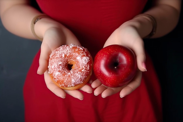 Ilustración mujer con una rosquilla y una manzana roja en sus manos ai generativo