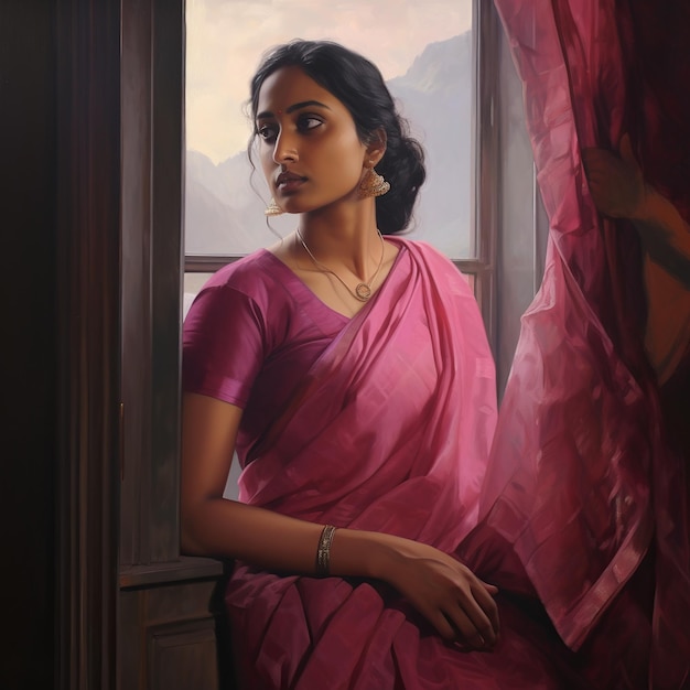 ilustración de una mujer con un saria rosa retrato de una mujer con un sari