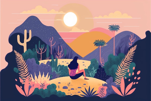 ilustración de una mujer sentada en una colina en el desierto generativo ai