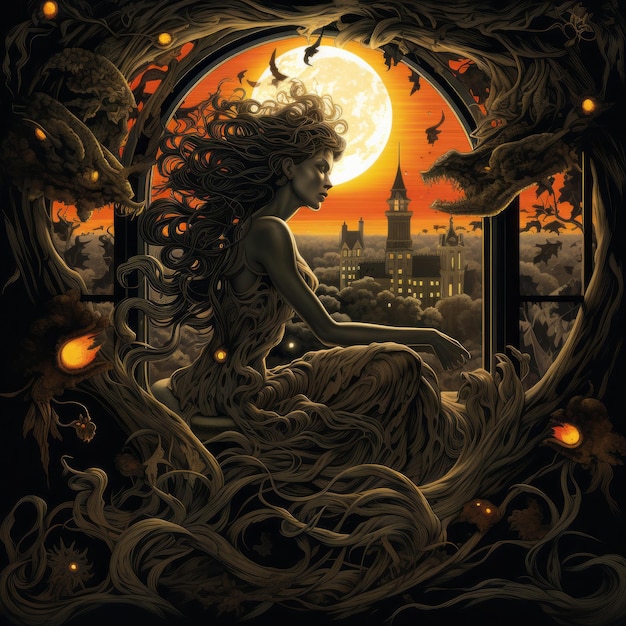 una ilustración de una mujer sentada frente a un árbol con la luna llena de fondo
