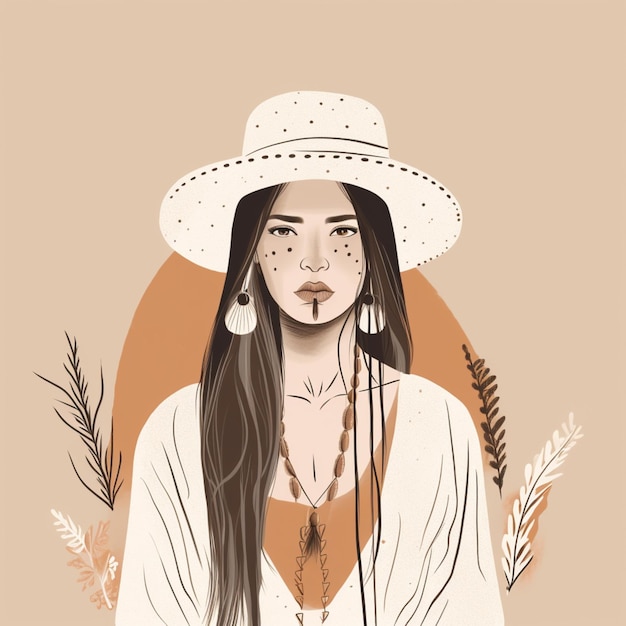 Foto ilustración de una mujer con un sombrero y un vestido generativo ai