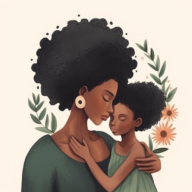 Ilustración de una mujer sosteniendo a un niño con una flor en la mano ai generativo