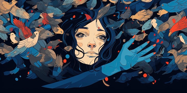 una ilustración de una mujer con su pájaro alrededor de la mano al estilo de caras coloridas y abstractas