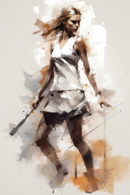 Ilustración de mujer tenista en estilo de pintura de acuarela con salpicaduras ai generativo