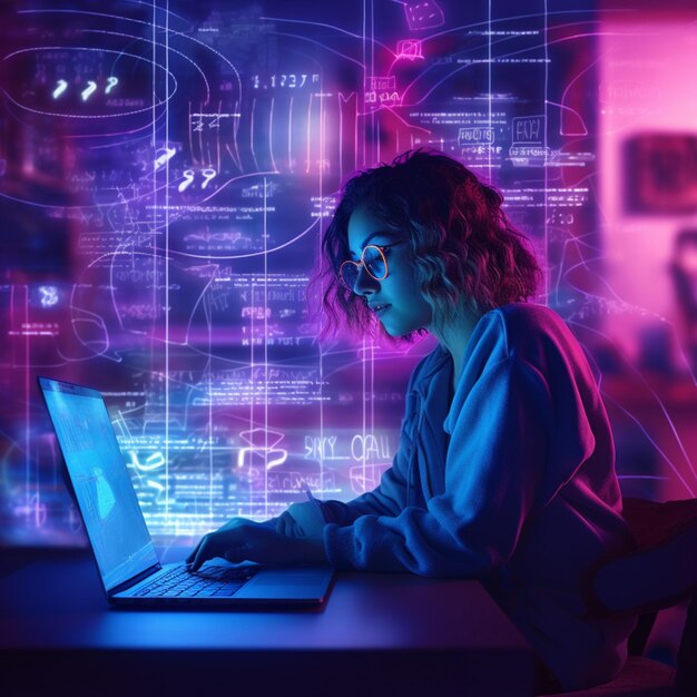 Ilustración de una mujer usando una computadora portátil