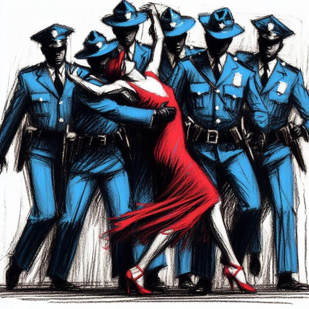 Ilustración de una mujer con un vestido rojo bailando con un grupo de hombres uniformados