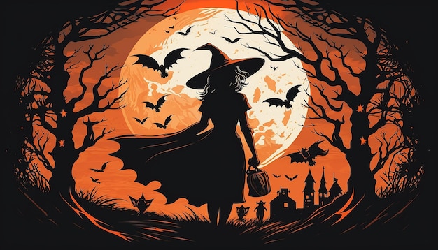Ilustración de mujeres aterradoras con un disfraz de bruja para el fondo de Halloween Generativo ai