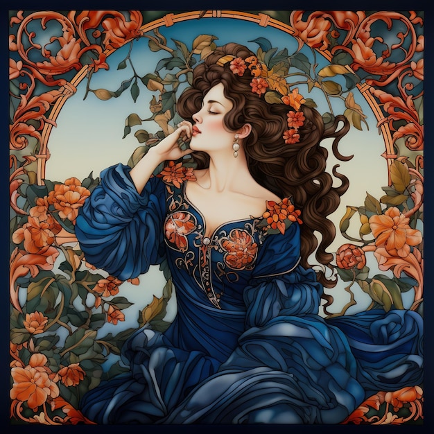 Ilustración de mujeres con flores y hojas ornamento con estilo art nouveau ai generado