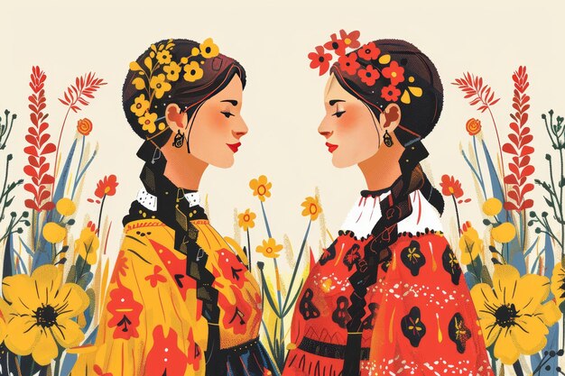 Ilustración de mujeres jóvenes y hermosas en un traje tradicional ucraniano detalles impresionantes de flores