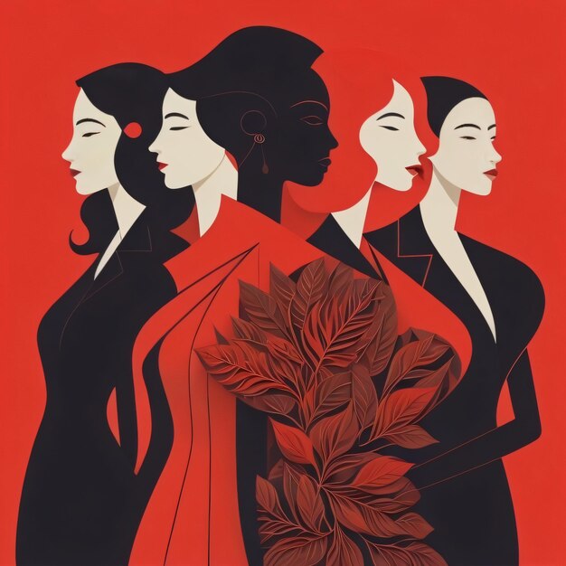 Una ilustración de mujeres en negro y rojo con una hoja.