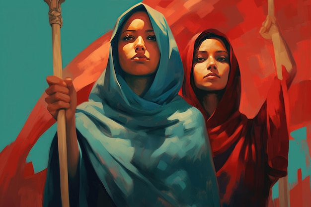 Una ilustración de mujeres sosteniendo banderas inspiradas en la cultura pop india que representa el concepto de mujeres fuertes y empoderadas IA generativa