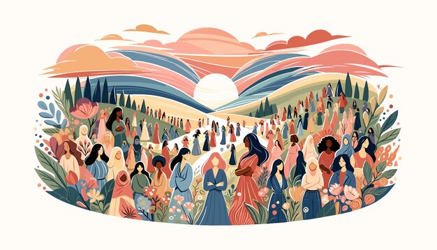 Ilustración de mujeres de todo el mundo de pie en un campo juntos Día Internacional de la Mujer