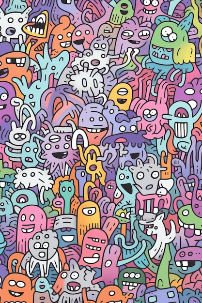 Ilustración de una multitud de garabates coloridos, un alienígena lindo y un monstruo creados con tecnología de IA generativa