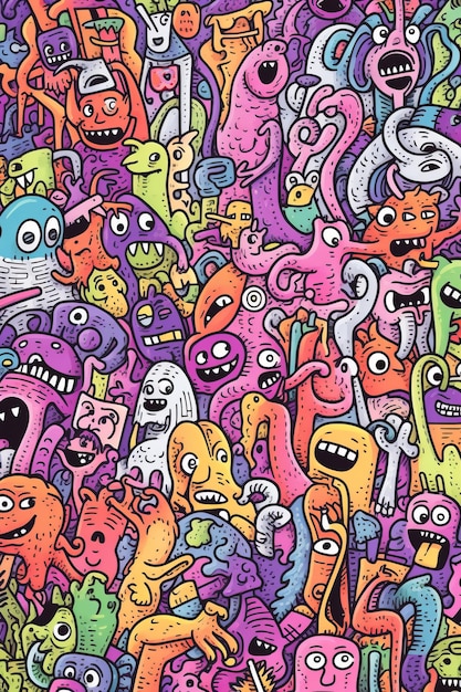 Ilustración de una multitud de garabatos coloridos, un alienígena lindo y un monstruo creado con tecnología de IA generativa