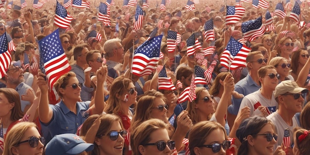 Ilustración de una multitud de personas con banderas americanas celebrando el Día de la Independencia