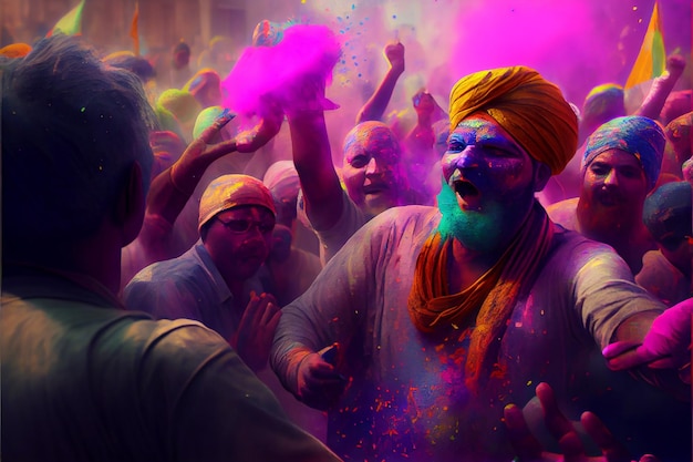 Ilustración de una multitud de personas divirtiéndose en Holi celebrando al aire libre en la India