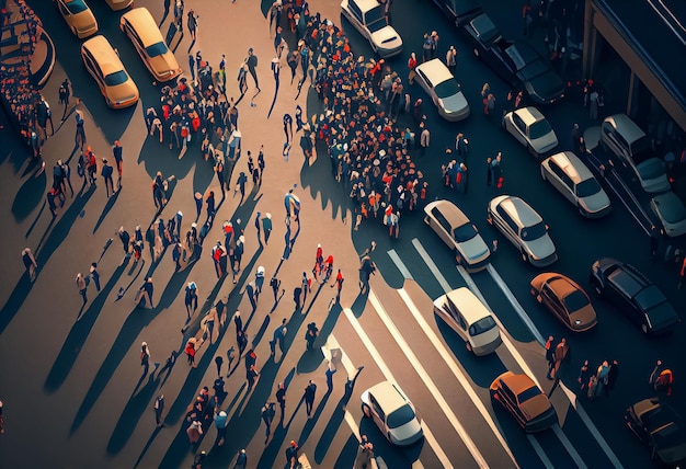 Foto ilustración de multitud de personas que se apresuran en la gran ciudad por encima de la vista ai