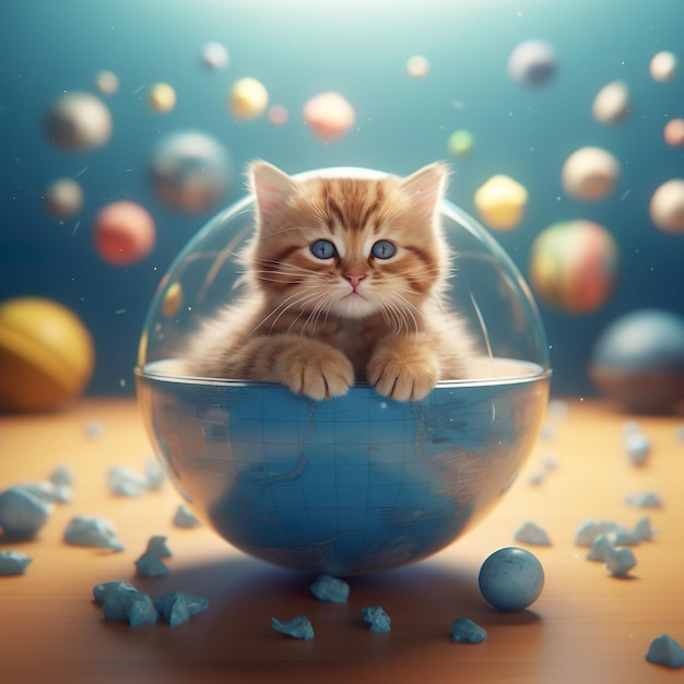 Ilustración del mundo con un gato relajando múltiples planetas en la parte posterior del concepto de naturaleza animal generado por ai