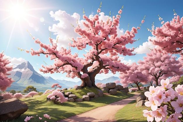 Ilustración de un mundo primaveral de fantasía con sol brillante y flores de cerezo