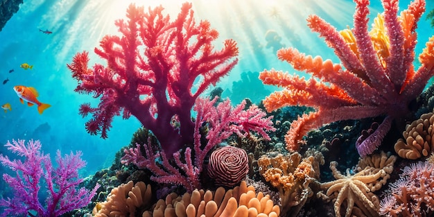 Ilustración del mundo submarino con coloridos corales tropicales y luz solar que fluye a través del agua del mar Belleza del arrecife de coral IA generativa