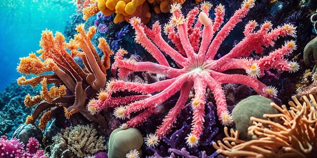 Foto ilustración del mundo submarino con coloridos corales tropicales y luz solar que fluye a través del agua del mar belleza del arrecife de coral ia generativa