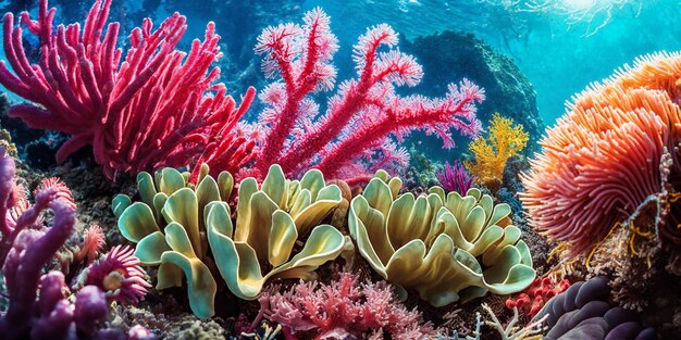 Foto ilustración del mundo submarino con coloridos corales tropicales y luz solar que fluye a través del agua del mar belleza del arrecife de coral ia generativa