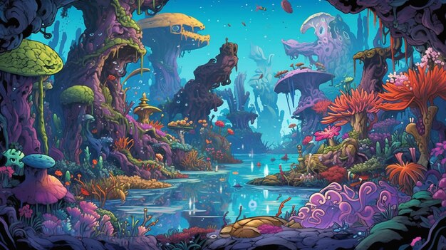 Ilustración de un mundo submarino de fantasía con un estanque y muchas plantas generativas ai