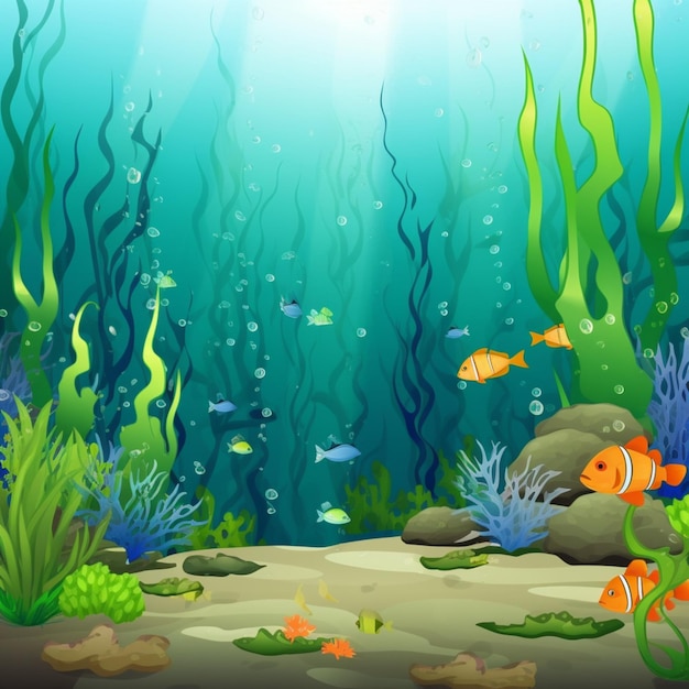 Una ilustración de un mundo submarino con peces y plantas.