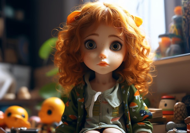 Ilustración de muñeca linda con ojos grandes y cabello naranja generativa de IA