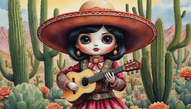 Ilustración de una muñeca Mariachi entre cactus