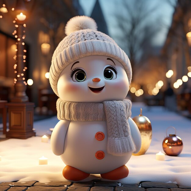 Foto ilustración de un muñeco de nieve 3d con fondo navideño generado por ia