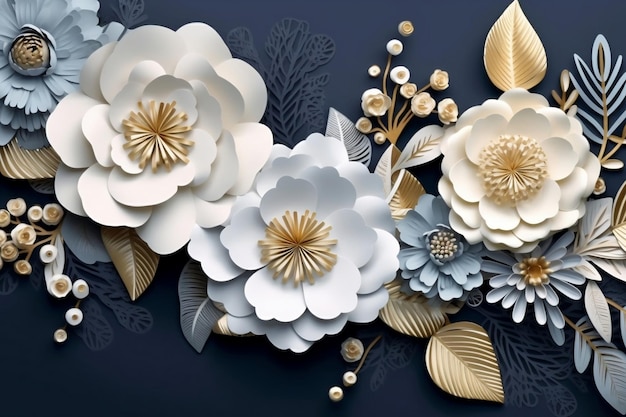 Ilustración mural 3d fondo azul blanco con joyas doradas y flores decorativas en negro