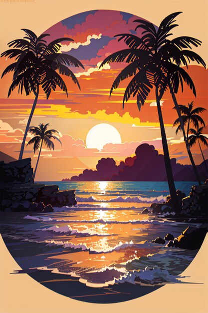 Foto ilustración musical vectorial tropical de una puesta de sol en la playa