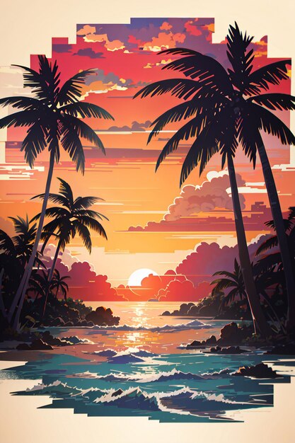 Foto ilustración musical vectorial tropical de una puesta de sol en la playa