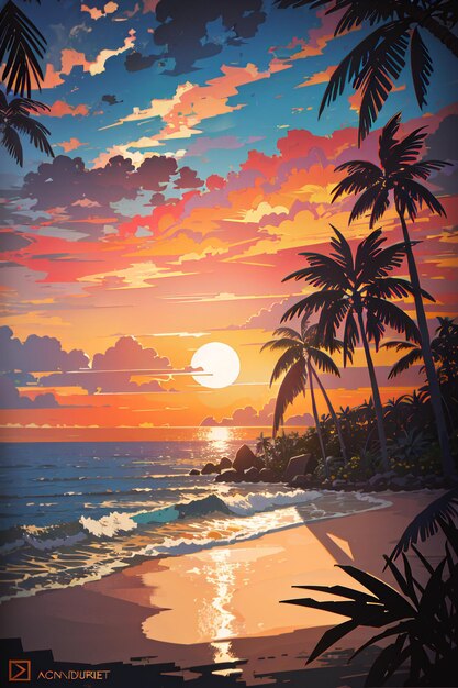 Foto ilustración musical vectorial tropical de una puesta de sol en la playa