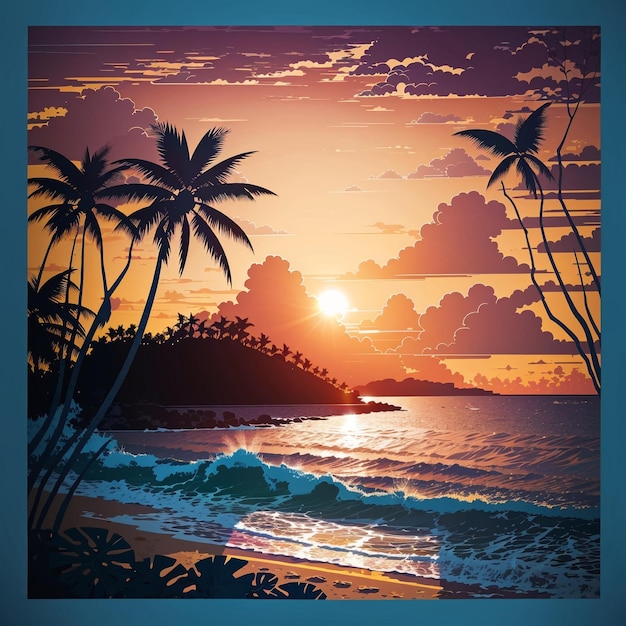 Foto ilustración musical vectorial tropical de una puesta de sol en la playa