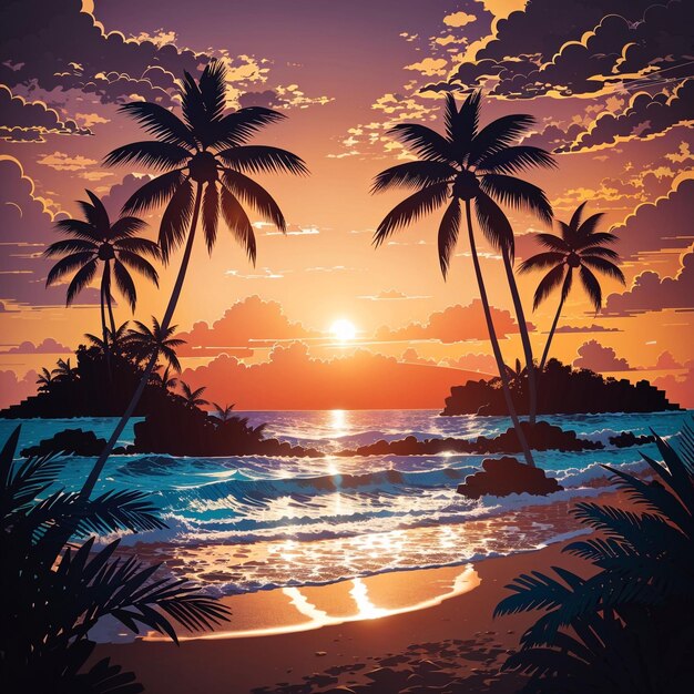 Foto ilustración musical vectorial tropical de una puesta de sol en la playa