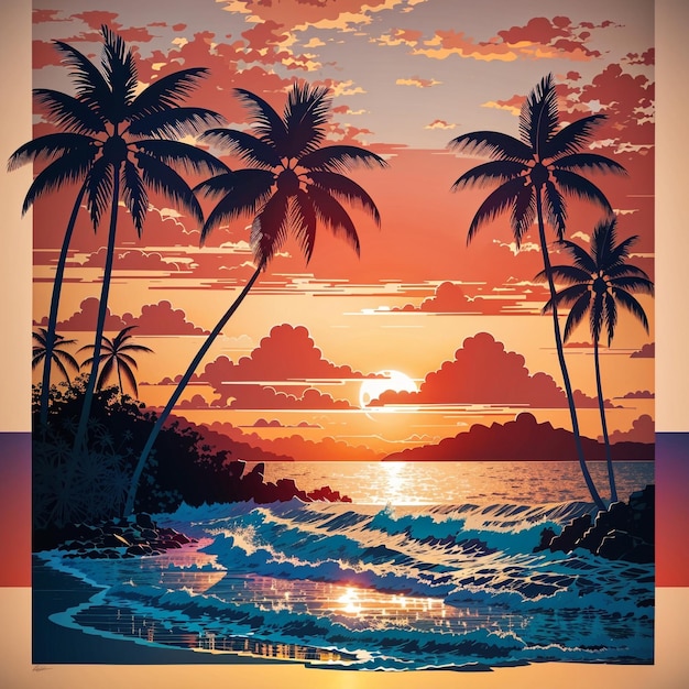 Foto ilustración musical vectorial tropical de una puesta de sol en la playa