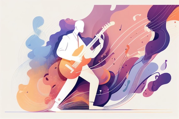 Ilustración de un músico tocando la guitarra y cantando en el escenario Creado con tecnología de IA generativa