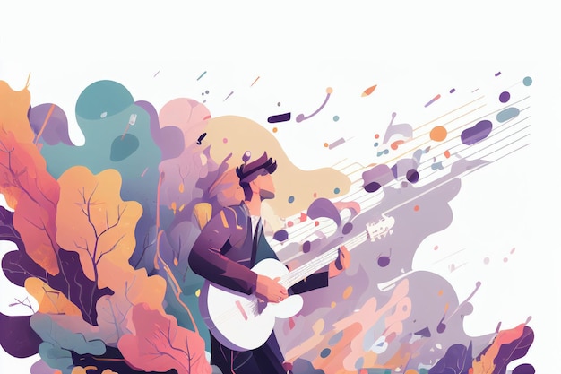 Ilustración de un músico tocando la guitarra y cantando en el escenario Creado con tecnología de IA generativa