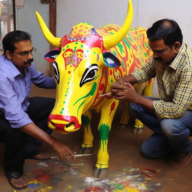 Ilustración de Mysore India Los lugareños pintan una vaca de color amarillo