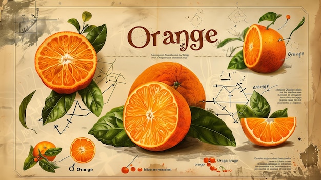Ilustración naranja al estilo de un viejo libro de ciencia con infografías