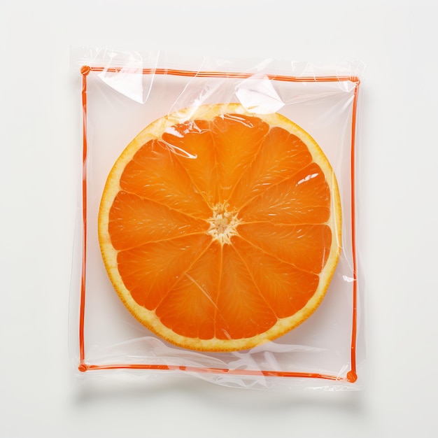 Foto ilustración de naranja en una bolsa de plástico sobre un plano blanco simétrico