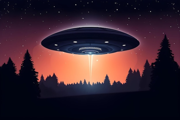 Una ilustración de una nave extraterrestre volando sobre un bosque.