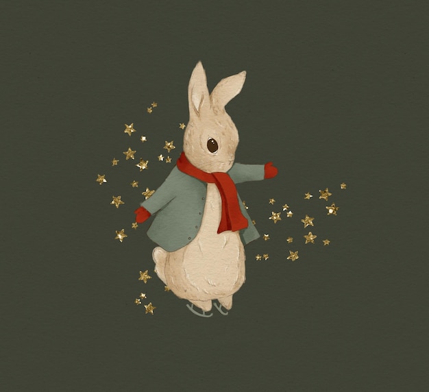 Ilustración de Navidad de un conejo en colores clásicos de Navidad, tarjeta de felicitación de Navidad