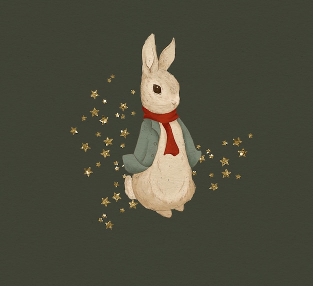 Ilustración de Navidad de un conejo en colores clásicos de Navidad, tarjeta de felicitación de Navidad