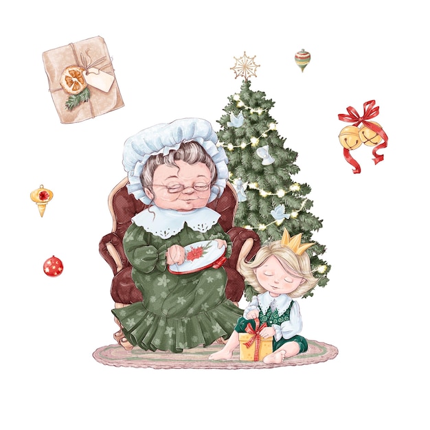 Ilustración Navidad conjunto de niños Abuela y regalos