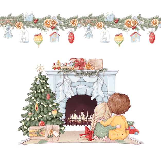 Ilustración Navidad conjunto de niños y regalos