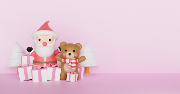 Ilustración de Navidad con Papá Noel y lindo oso. Representación 3D.