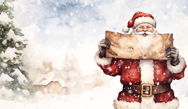Ilustración navideña en acuarela de Papá Noel sosteniendo un cartel con espacio libre para texto generado por IA